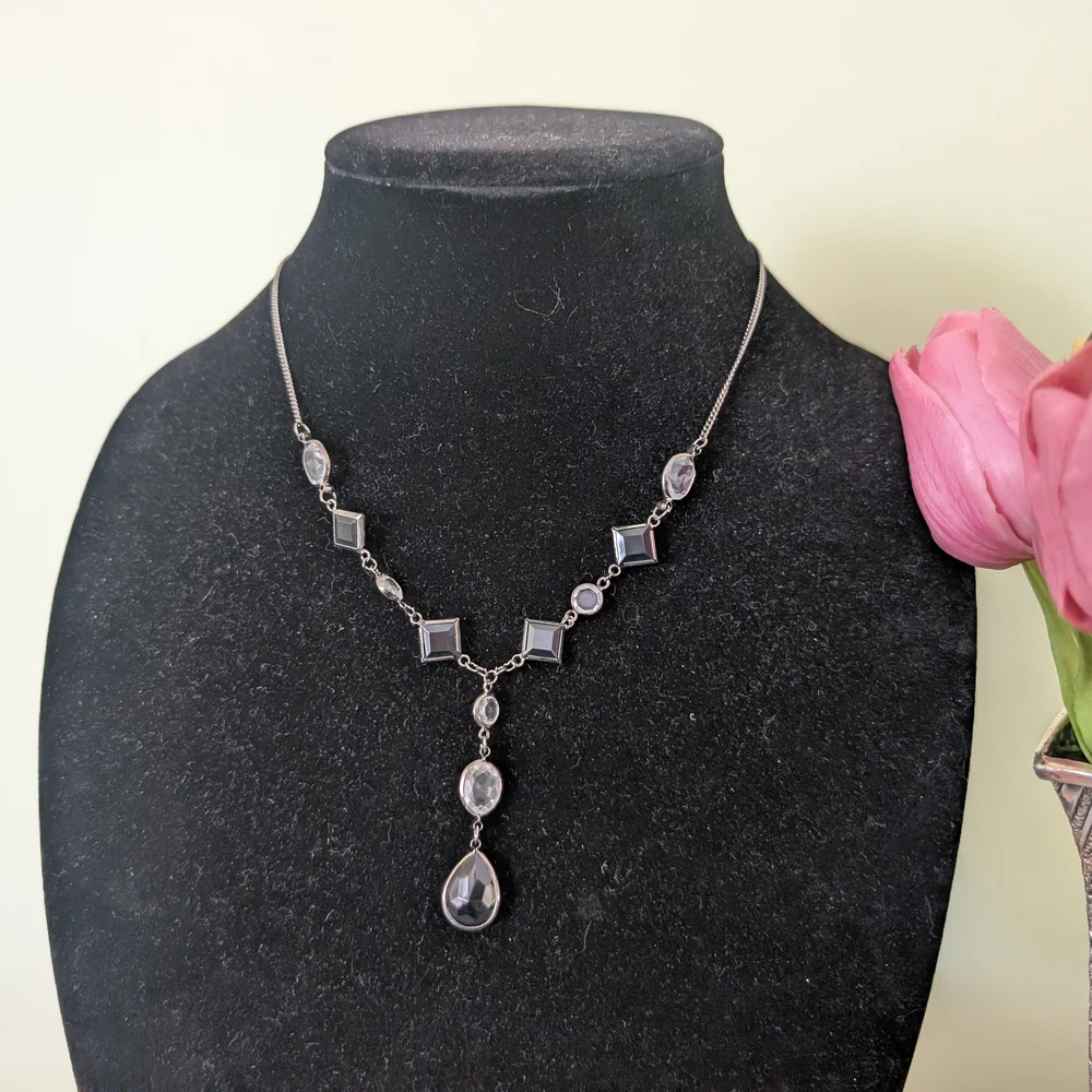 Vintage Silver-Tone Black Crystal Drop Necklace - Picture 4 of 13